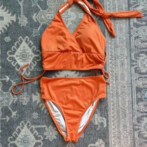 Orange Ribbed Halter Bikini Set - Women